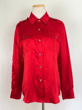 Talbots Blouse Size 8P NEW 100% Silk Metallic Red Utility Shirt Top Long Sleeve